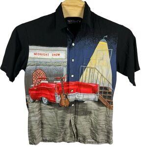 Tori Richard Men Medium‎ Viscose Midnight Blues Guitar Red Cadillac Shirt